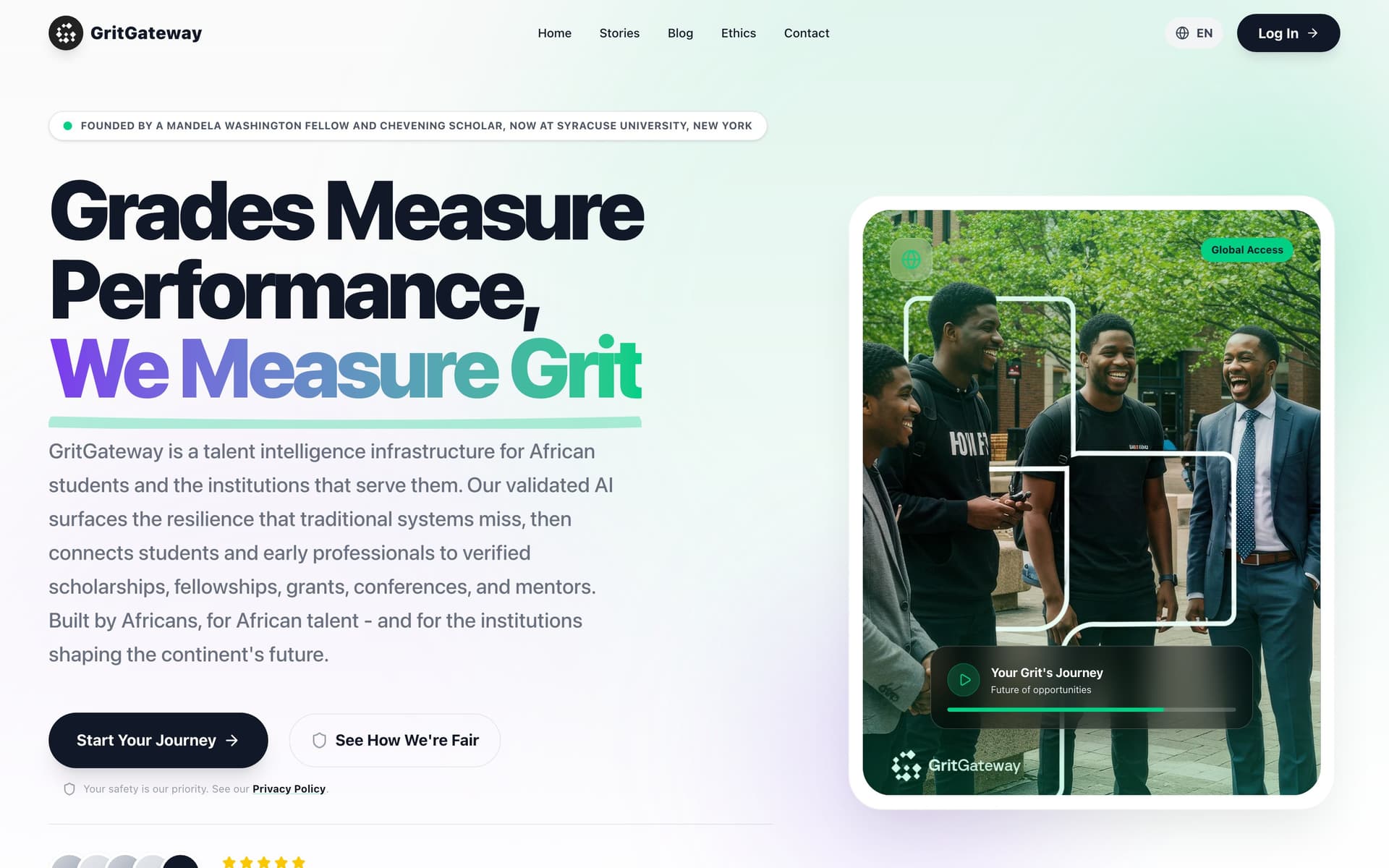 GritGateway's home page — 'Grades Measure Performance, We Measure Grit', introducing a talent intelligence infrastructure for African students and the institutions that serve them