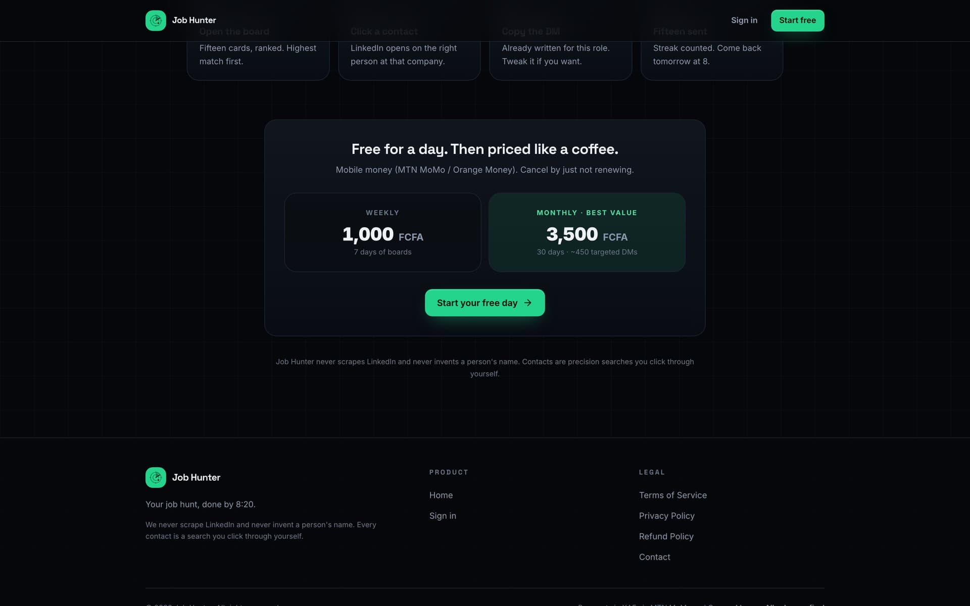 Job Hunter's pricing — free for a day, then weekly or monthly in FCFA, paid through MTN MoMo or Orange Money
