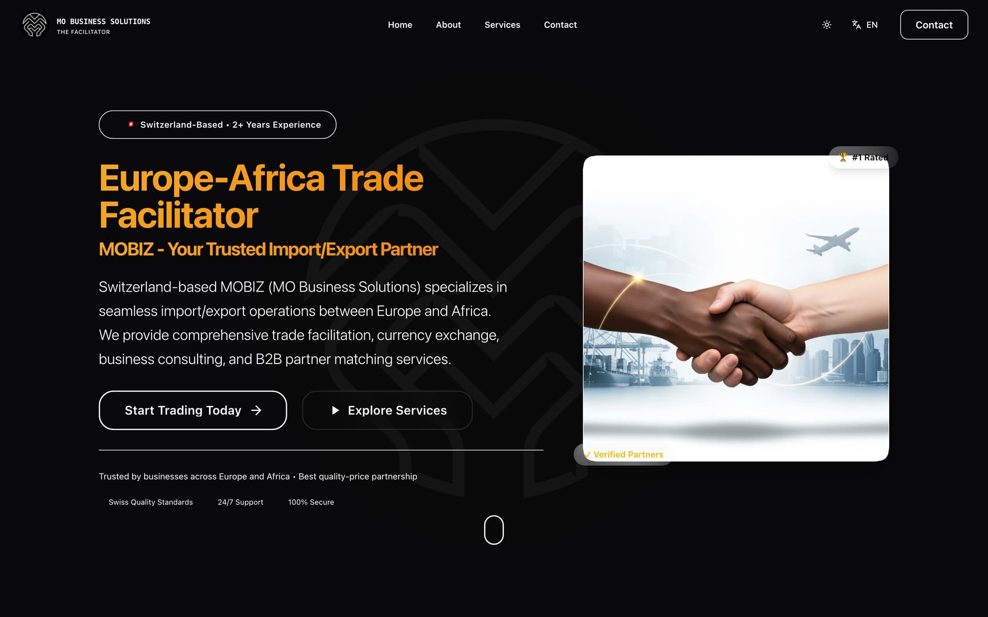 MO Business Solutions' home page — a Switzerland-based Europe–Africa trade facilitator offering import and export operations, currency exchange, and B2B partner matching