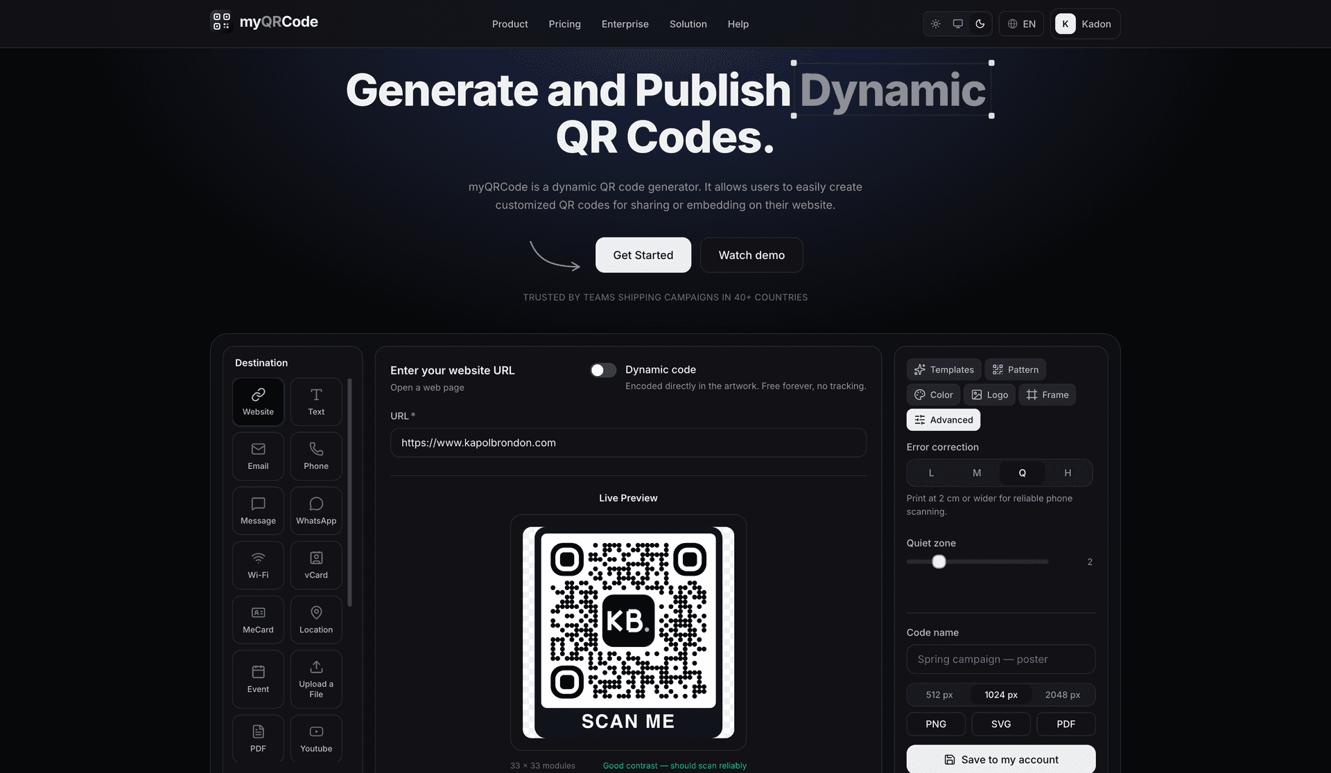 Landing page (dark mode)